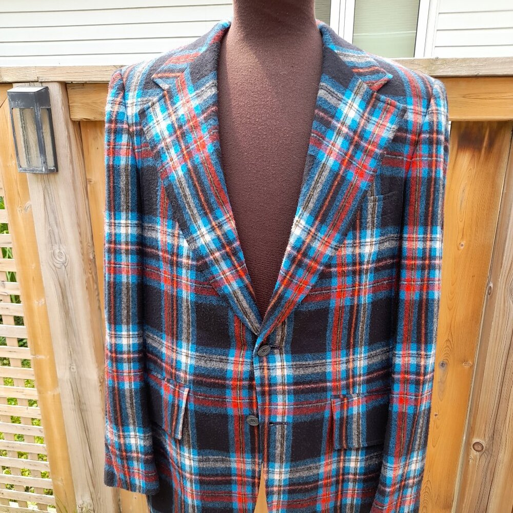 Vintage 60s Plaid Sport Coat Jacket Red Blue Union Label #6 Retro Rockabilly